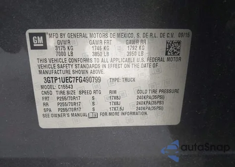 2015 GMC Sierra 1500 Sle from USA, damaged, VIN 3GTP1UEC7FG490799